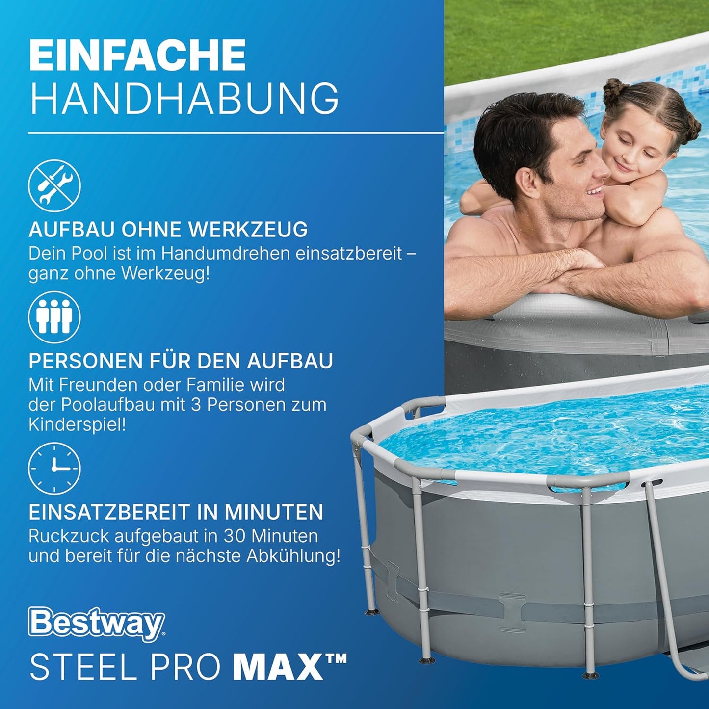 Bestway Power Steel Frame Pool Set mit Filterpumpe 305 x 200 x 84 cm, grau, oval