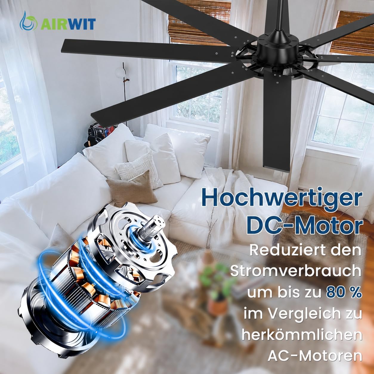 Airwit 183cm Deckenventilator mit Beleuchtung Extra Groß, Verbundholz Outdoor Leise Deckenventilator mit Licht und Fernbedienung, Lampe mit Ventilator für Terrasse, Industrial, Großes Zimmer