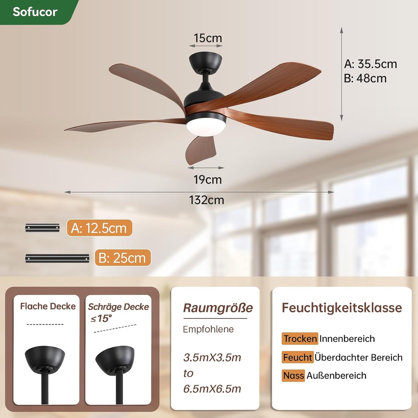 Sofucor Smart Deckenventilator mit Beleuchtung,132cm Deckenventilator mit Licht, Kompatibel mit Alexa/APP, Fernbedienung, 3 Farbtemperatur, Timer, 6 Geschwindigkeiten, Leise DC für Wohnzimmer