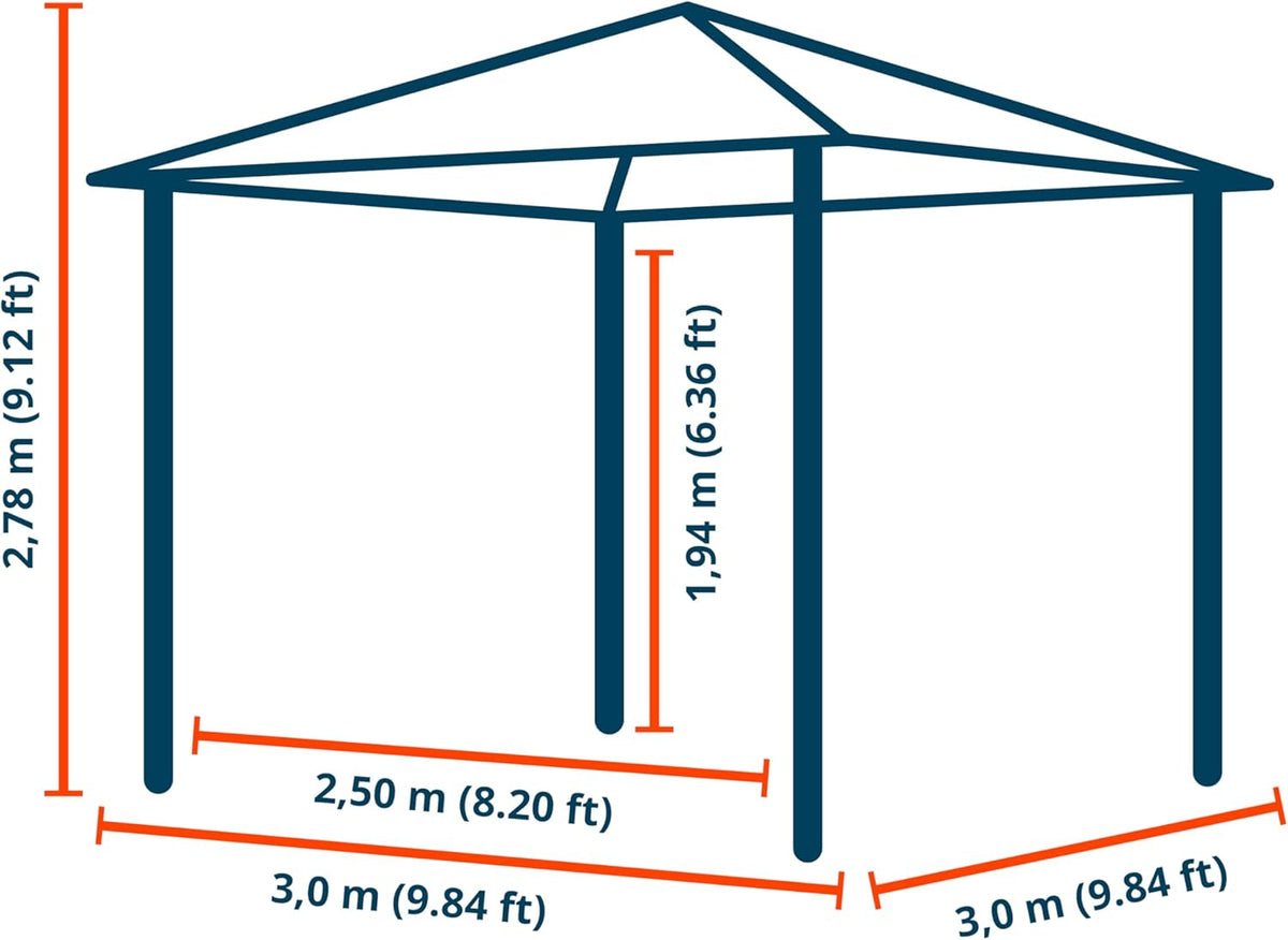 TOOLPORT Gartenpavillon 3x3 m Stahldach Hardtop 4 Seitenteile in Grau, Pfosten 9x9 cm