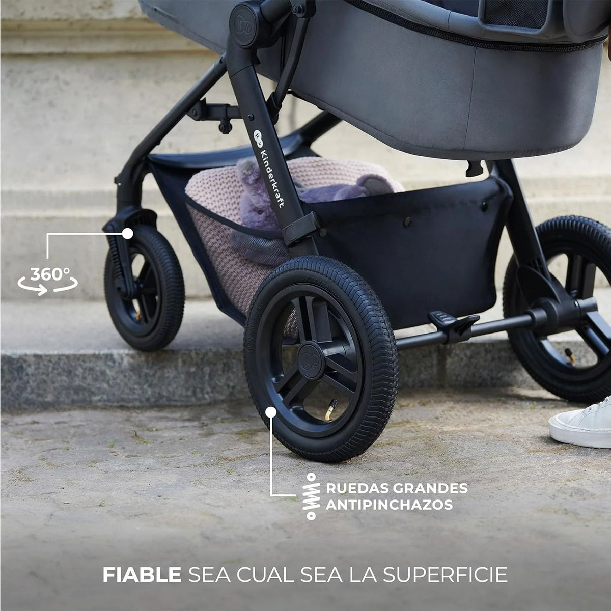 Kinderkraft MOOV XL 3 en 1, Carrito bebé hasta 27 kg, Carro, Con Asiento I-SIZE 40-75 cm, Plegable, Amortiguación, Convertible, Capazo XL, Con accesorios, Gris Claro