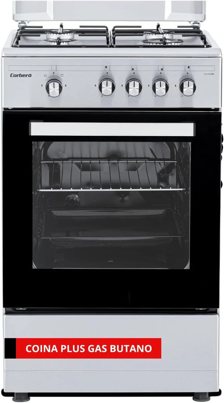 Corberó – Kitchen Plus | 50 cm | CCSF45020BW | 4 Burner Butane Gas | Oven 43L | Metal Lid | Double Glass Door | Tray and Grill Chrome | Automatic Safety Shut-off | White