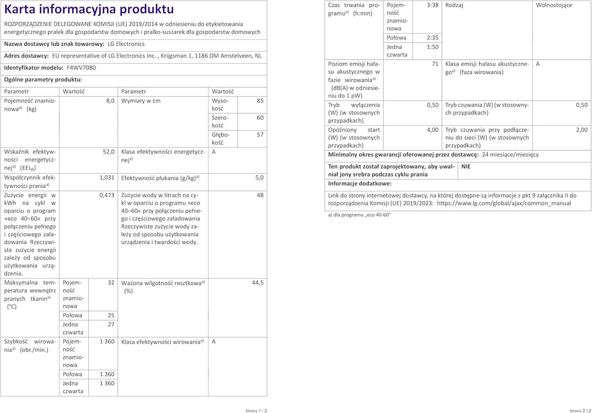 LG F4WV7080, Klasse A, Frontlader-Waschmaschine 8 kg, 1400 U/Min, AI Direct Drive, Wi-Fi, Tiefenreinigung mit Dampf, Groe Kapazitt, TRIPLE A, Auentür aus Sicherheitsglas, 62 x 60 x 85 cm Wei