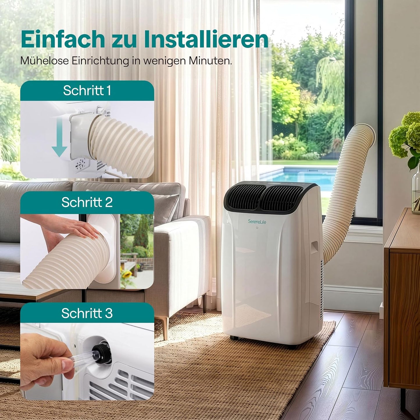 SereneLife Klimaanlage Mobil 14000 BTU – Kleine Klimaanlage für Zimmer bis 33 m² | WiFi | Kühlung, Entfeuchter & Ventilator | 51 dB