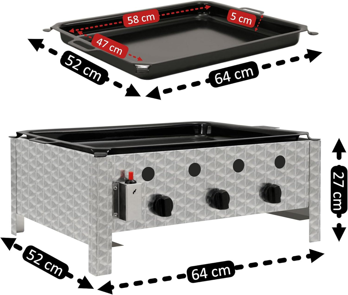 BBQ-Toro Edelstahl Gastrobräter | 3-flammig | 64 x 52 x 27 cm | Gastrogasgrill, Wurstbrater, Tisch Grill | Gastrogrill, Tischgasgrill, Gastischgrill, Bräter für Tisch & Gastronomie