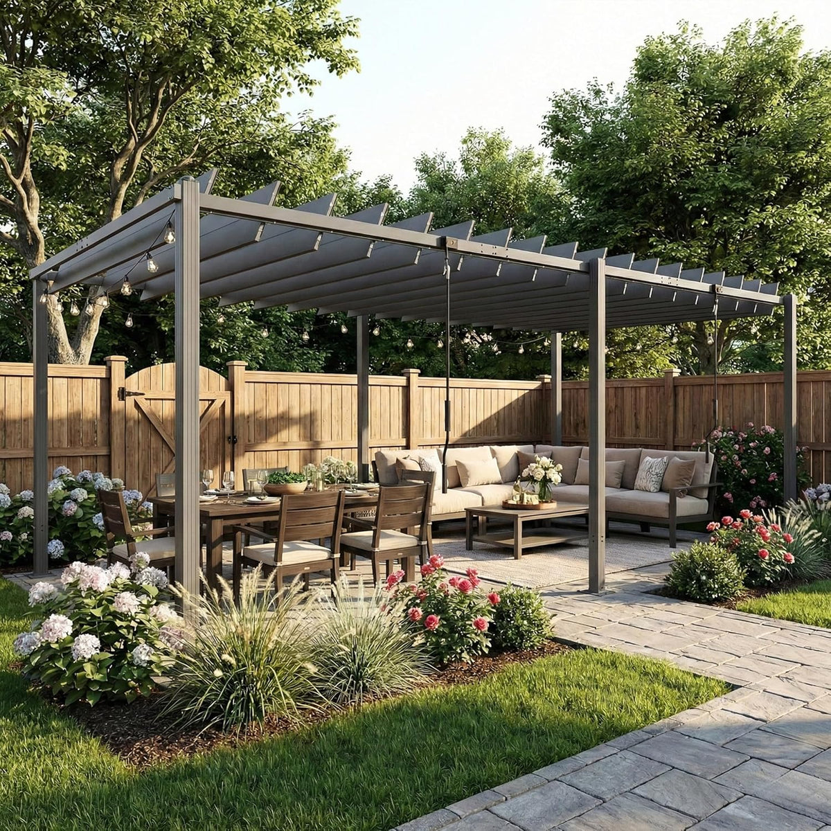 Outsunny Pérgola de Jardín 3x5,7 m, Cenador de Jardín con Techo de Lamas Ajustable a 90°, Manivela, Estructura de Aluminio, Protección UPF50+, Pabellón para Exterior, Patio, Terraza, Gris Oscuro