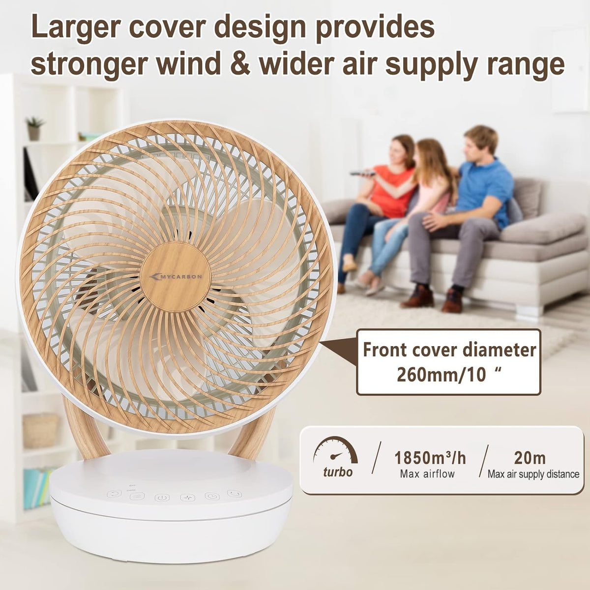 MYCARBON Ventilator sehr leise DC Motor 20dB 1850m³/h Luftmenge 8 Stufe ECO Modi Tischventilator 3D Luftumwälzer für 30m² Schlafzimmer Turbo Ventilator 8h Timmer