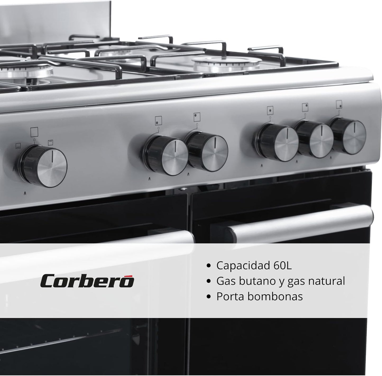 Corbero - Cocina de gas butano 5 fuegos | CC510GB90X | 80x90x60 | Horno de 60L con puerta doble | Wok en medio| Encendido Manual | Cajón calientaplatos| Bandeja y parrilla cromados |Con tapa| Inox