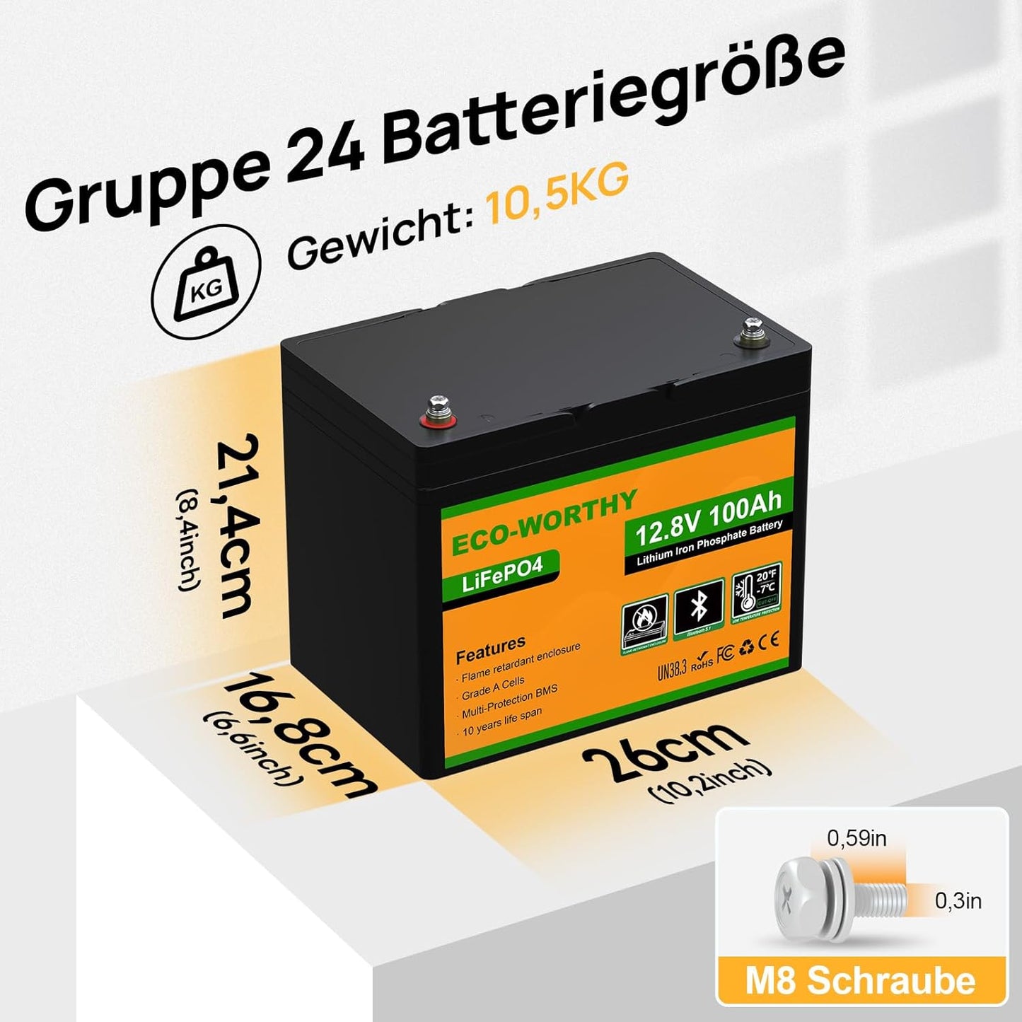 ECO-WORTHY LiFePO4 12V 100Ah Bluetooth mit 100A BMS Low Temperature Schutz und Max. 15000 Zyklens,1280Wh Lithium Batterie 12V 100Ah Autobatterie für Wohnmobil,Wohnwagen,Boot