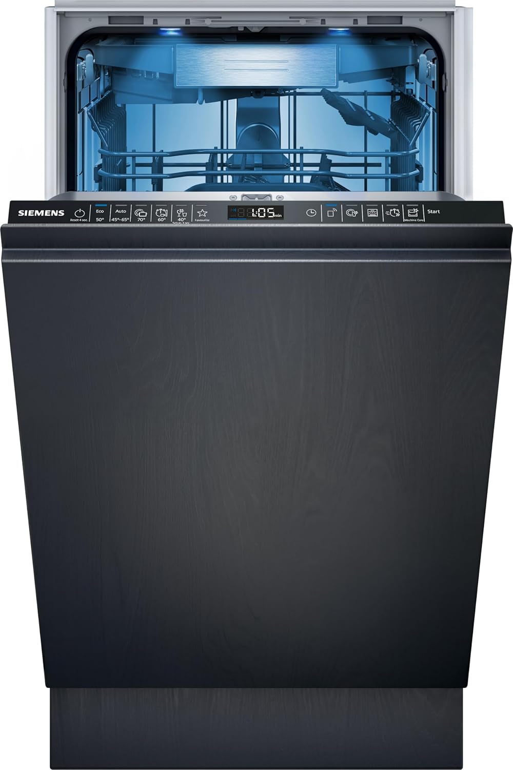 Siemens SR65YX08ME, iQ500 Smarter Geschirrspüler Vollintegriert, 45 cm breit, Besteckschublade, Zeolith, extra leise, aquaStop, automatische Türöffnung nach Programmende, varioSpeed, Innenbeleuchtung