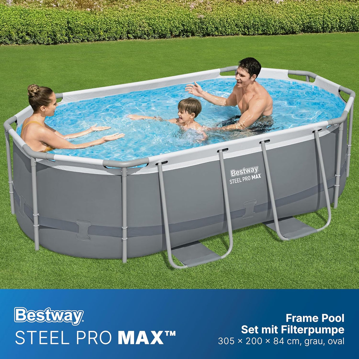 Bestway Power Steel Frame Pool Set mit Filterpumpe 305 x 200 x 84 cm, grau, oval