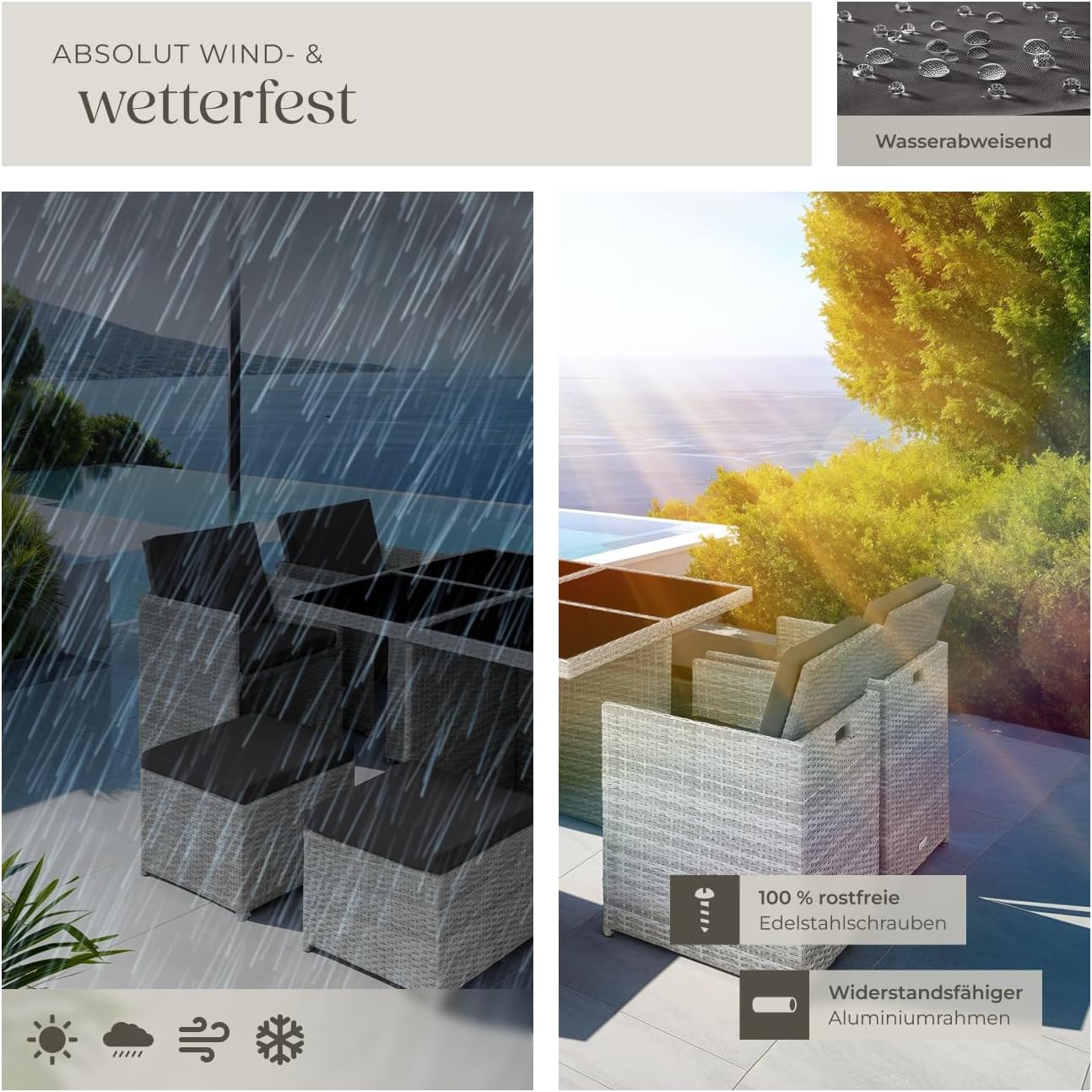 tectake® Lounge Möbel Set 4X Stühle, 4X Hocker, 1x Tisch, platzsparende Cube Aufbewahrung, Outdoor Rattan Gartenmöbel für Balkon, Garten und Terrasse, mit Abdeckung und Wechselbezügen - hellgrau