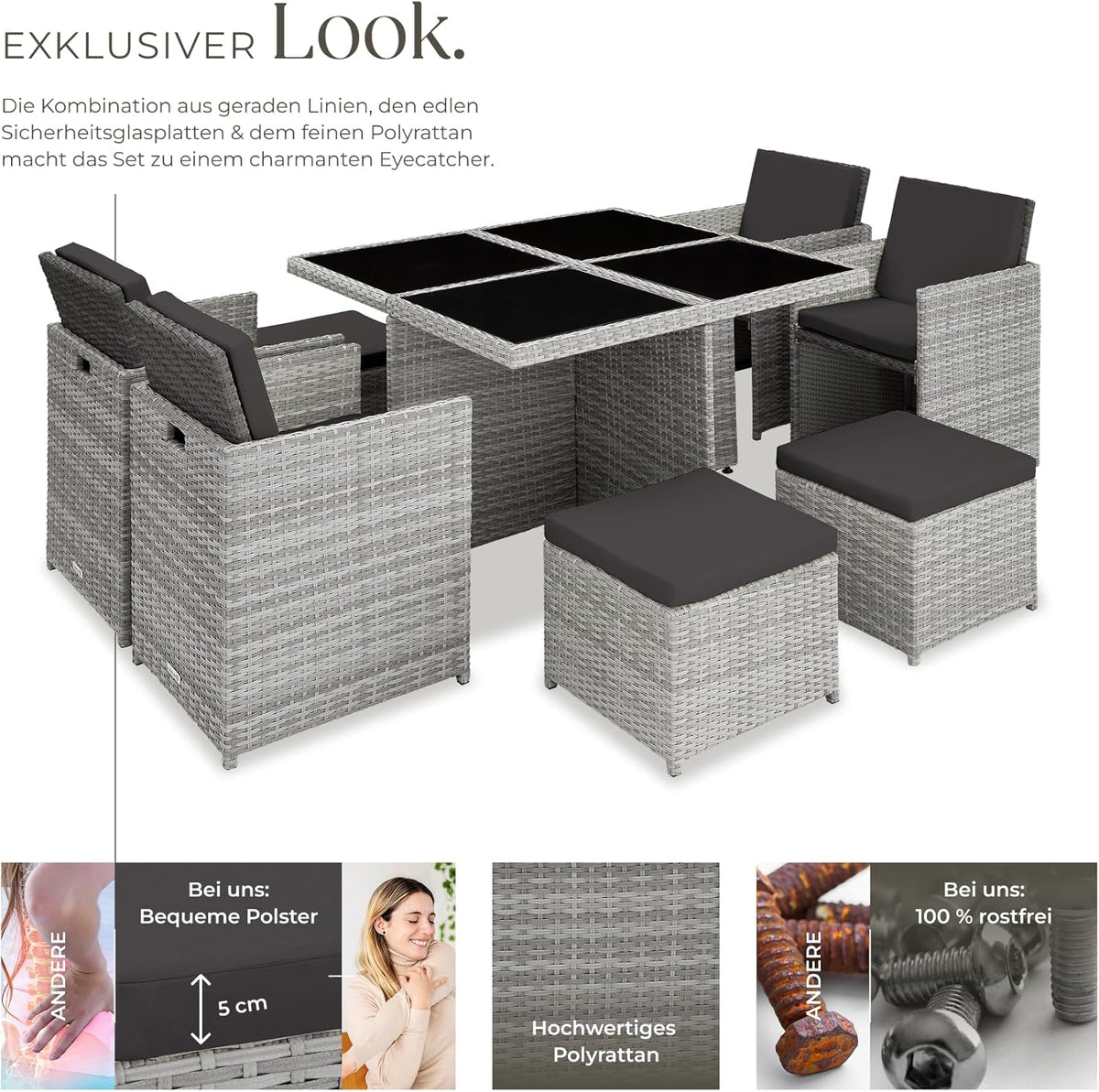 tectake® Lounge Möbel Set 4X Stühle, 4X Hocker, 1x Tisch, platzsparende Cube Aufbewahrung, Outdoor Rattan Gartenmöbel für Balkon, Garten und Terrasse, mit Abdeckung und Wechselbezügen - hellgrau