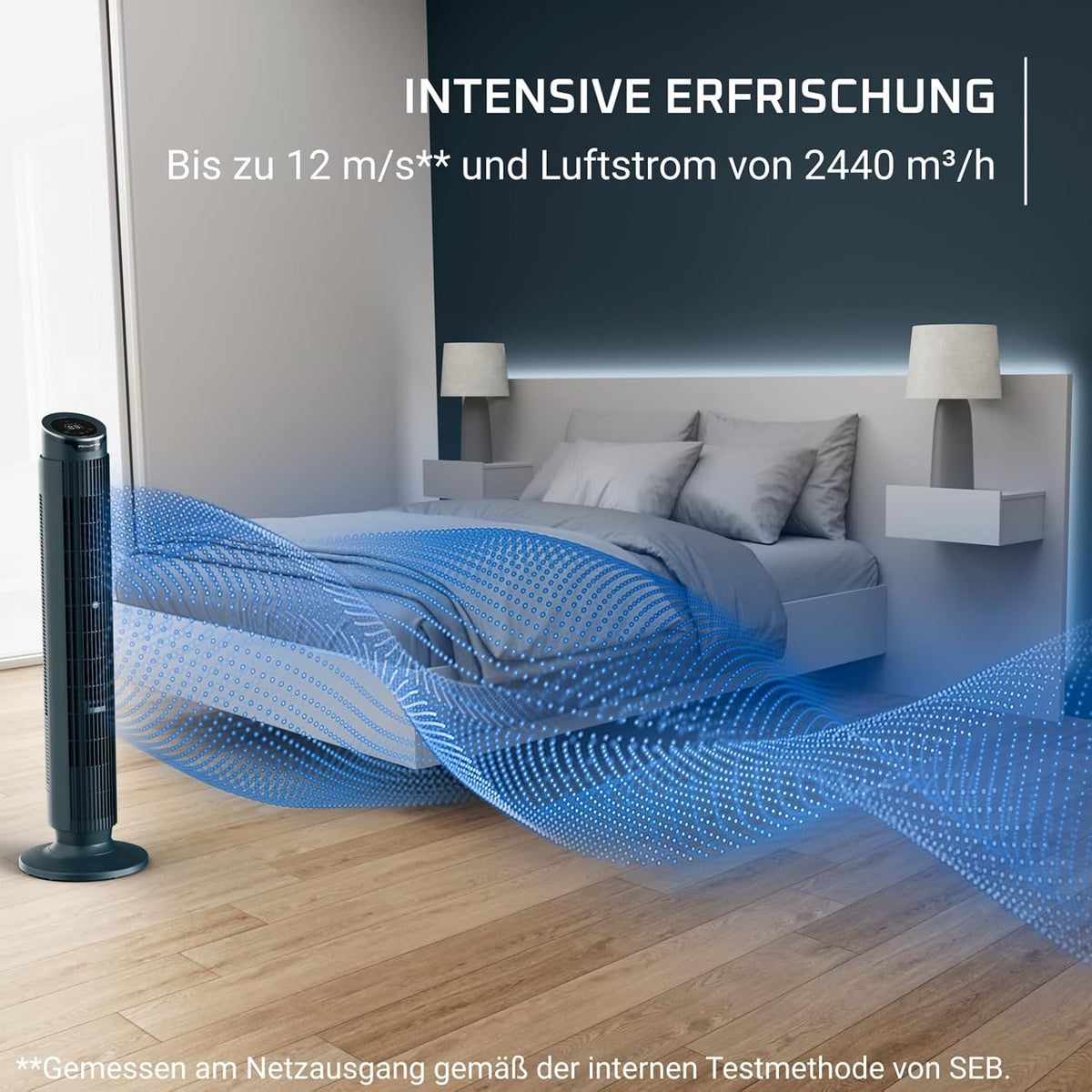 Rowenta Eole Silence Force Turmventilator, leistungsstark, Silent-Modus, 12 Geschwindigkeitsstufen, 5 Automatikmodi, Timer, 60-90°-Schwenkung, Fernbedienung, Staubschutzabdeckung, Blau, VU7050F0