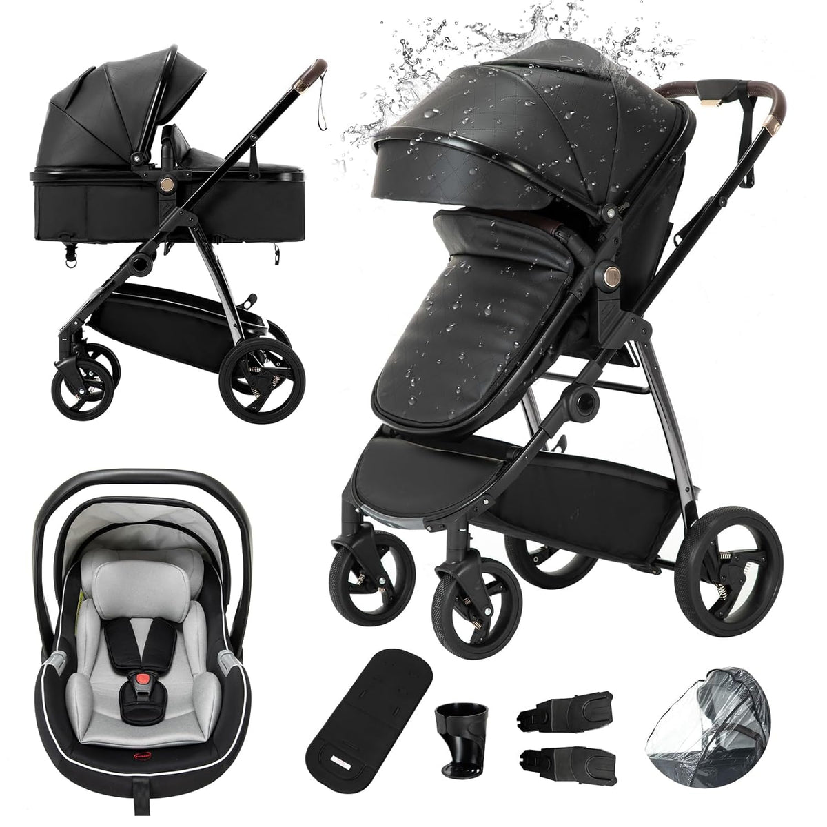 Gcarebb 3 in 1 Kinderwagen, Buggy Mit Auto Babyschale, Mit Höhenverstellbarer Kinderwagen Komplettset, KombiKinderwagen Mit Aluminiumrahmen für Neugeborene 0-4 Jahre