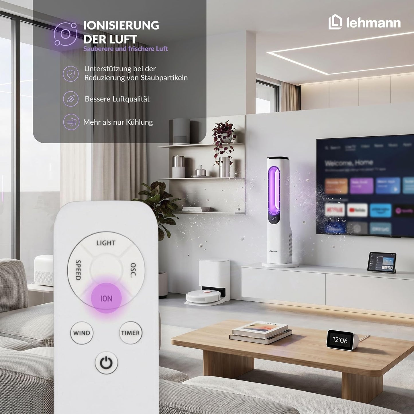 LEHMANN Turmventilator mit Fernbedienung & LED-Display, leiser Ventilator mit Schlafmodus, 15 h Timer, 3 Lichtfarben, 3 Modi, 3 Geschwindigkeiten, oszillierender Standventilator ohne Rotorblätter