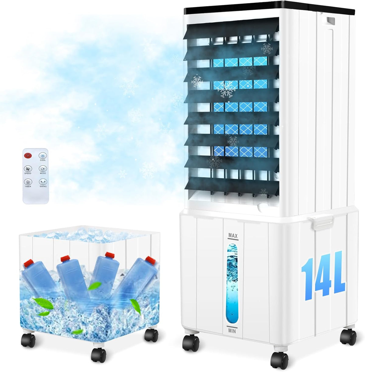 Klimagerät ohne Abluftschlauch, 14L 60W Klimaanlage Mobil mit 12H Timer, 3 Modus, 40dB, 120°Oszillation, Abnehmbare Wassertank, Fernbedienung, Leise Portable Air Conditioner für Wohnung Zimmer Räume