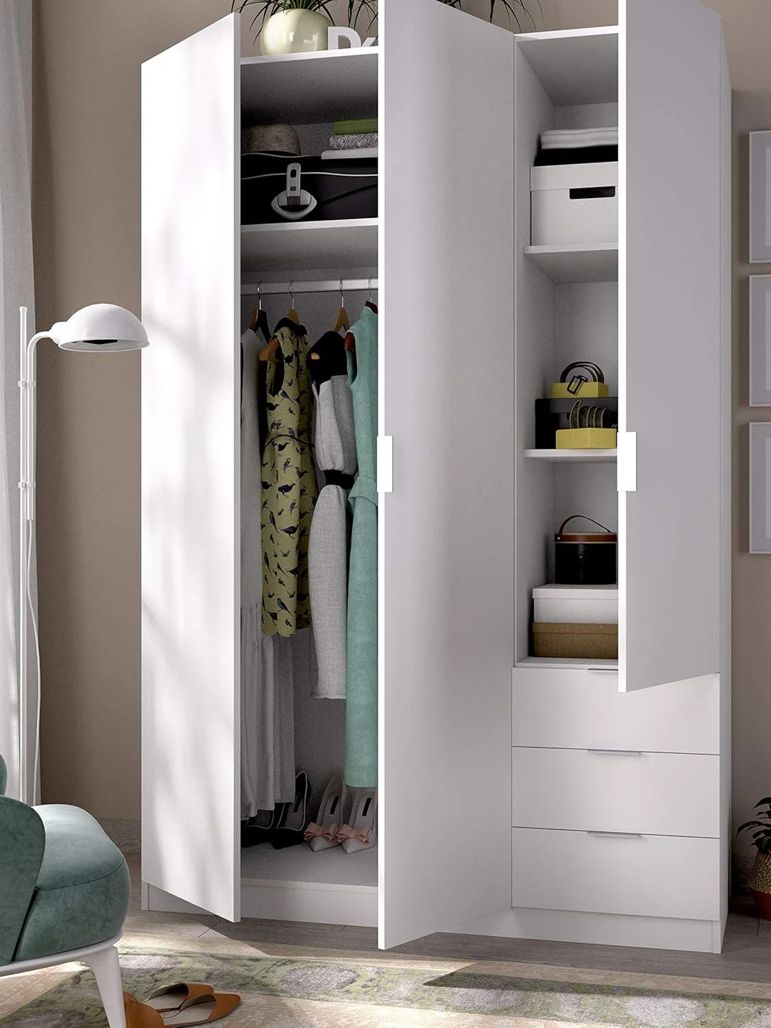 DEKIT GRUPO RIMOBEL Armario Ropero 3 Puertas Y 3 Cajones - Blanco - 121X184X52 Cm