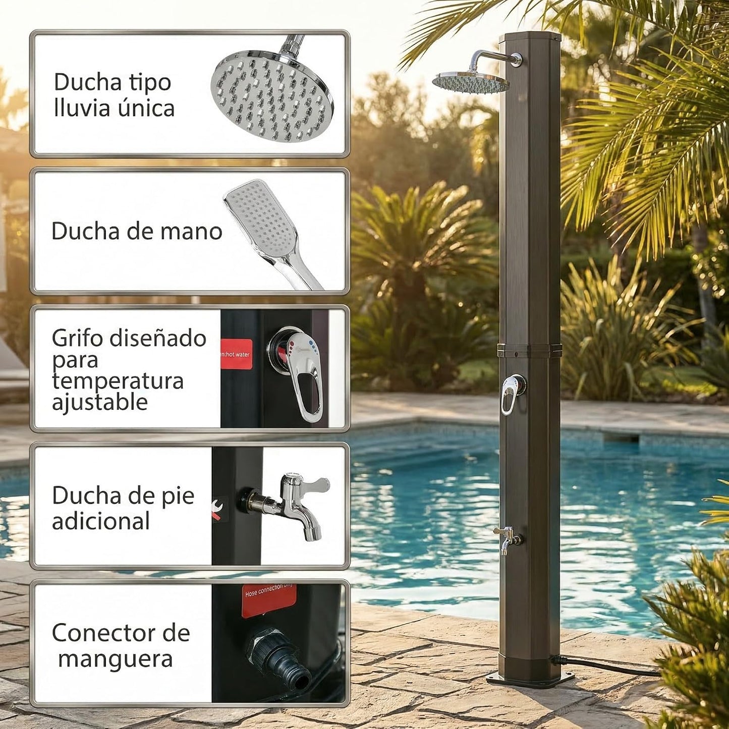 Outsunny Ducha Solar de Exterior 35 L con 2 Cabezales de Ducha y Grifo para Agua Caliente 0-55℃ Ducha de Jardín para Piscina Playa Patio 17,5x14,5x216 cm Negro