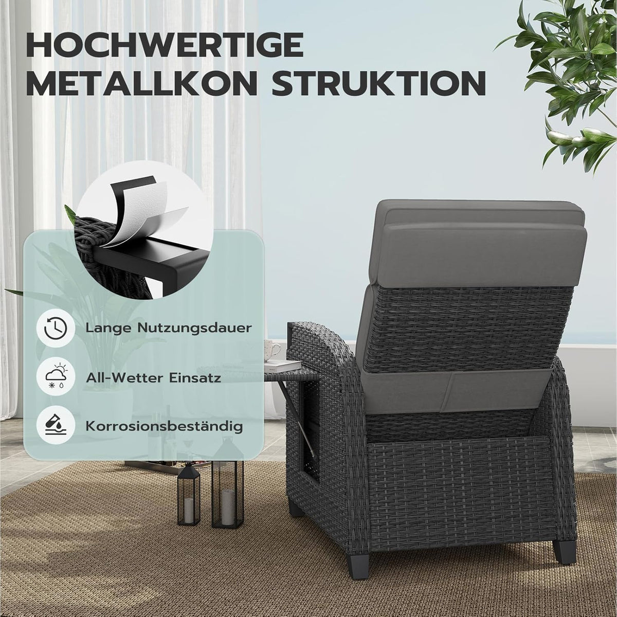 UDPATIO Sillón Ratán Jardin Exterior Reclinable, Tumbona de Jardín Ajustable 150°, con Respaldo Ajustable, Fundas + Extraíbles Cojines, Impermeable, para Interior y Exterior - Gris