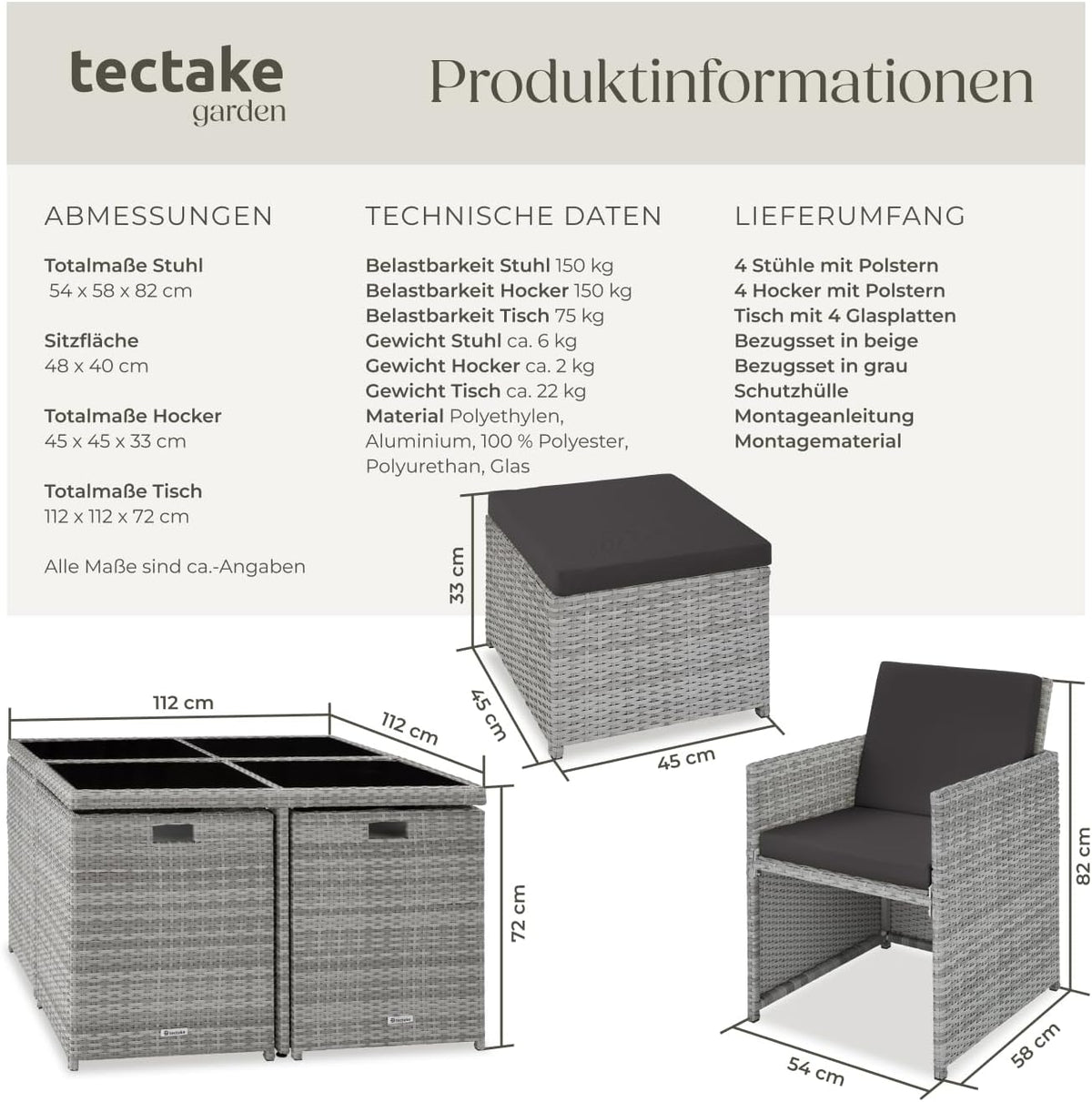 tectake® Lounge Möbel Set 4X Stühle, 4X Hocker, 1x Tisch, platzsparende Cube Aufbewahrung, Outdoor Rattan Gartenmöbel für Balkon, Garten und Terrasse, mit Abdeckung und Wechselbezügen - hellgrau