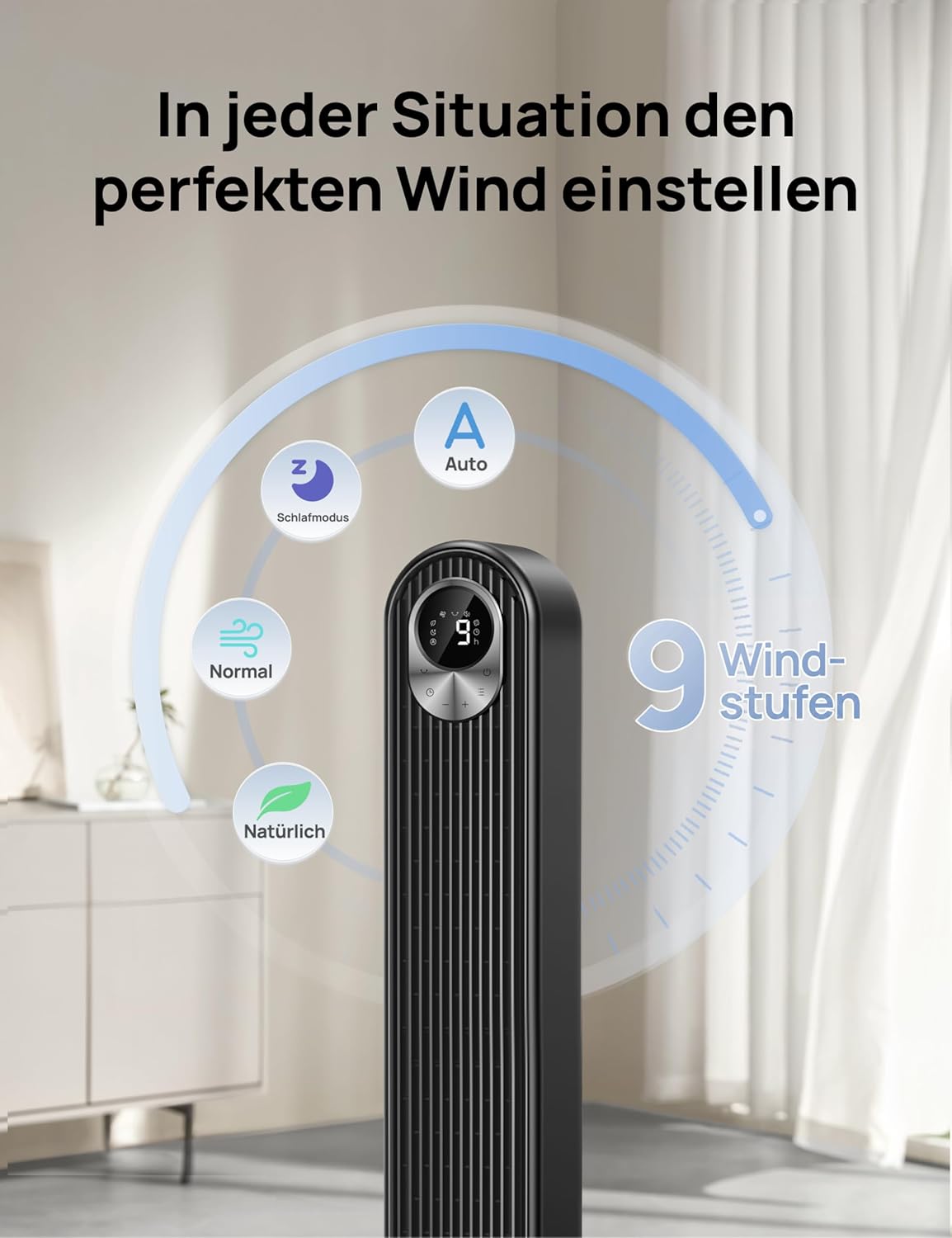 DREO DC Motor Turmventilator Leiser, 11M Windentfernung Ventilator mit Kühlung Fernbedienung, 9 Stufen 4 Modi, 90° Oszillierender Stand Ventilatoren für Schlafzimmer, Tower Fan mit 12H Timer