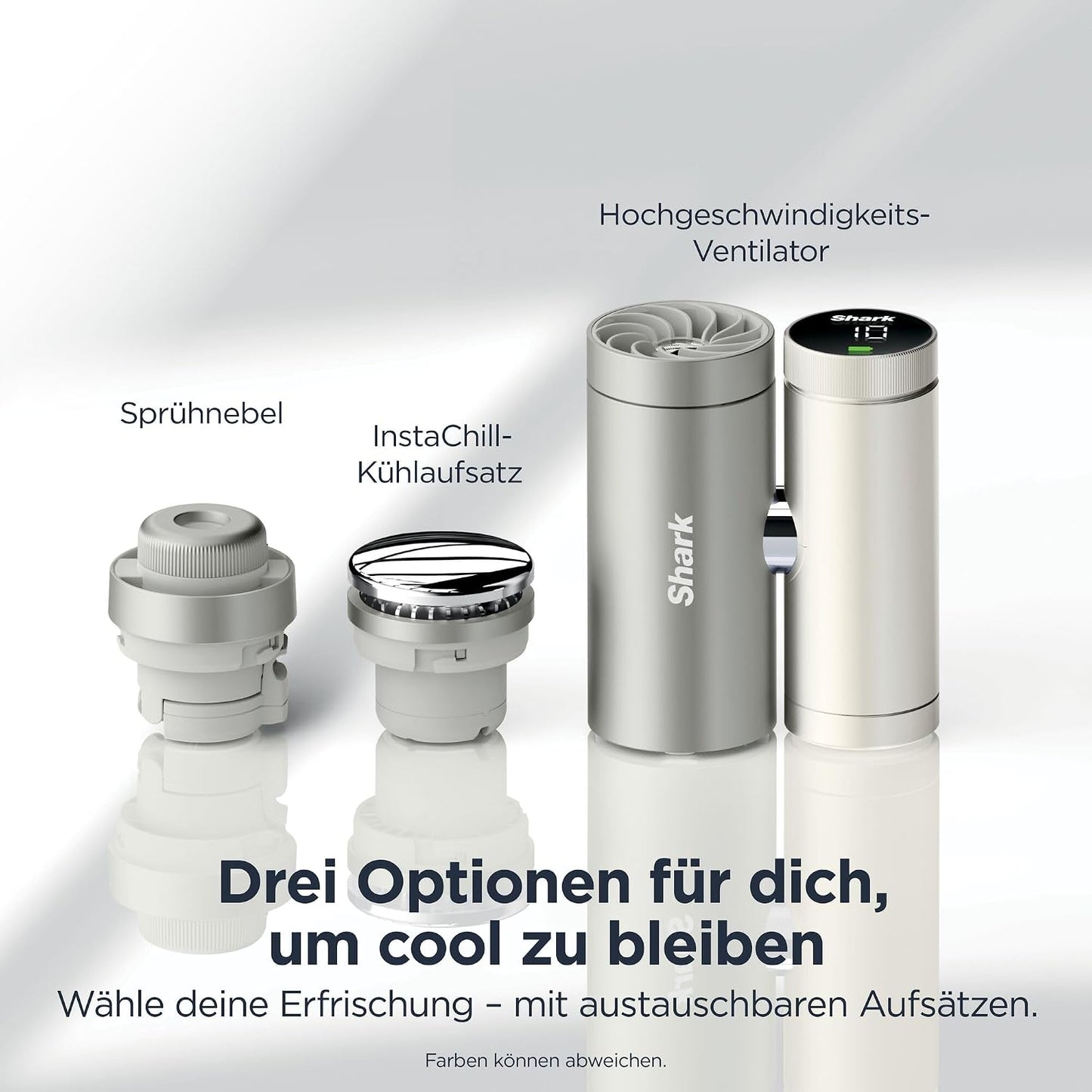 Shark ChillPill 3-in-1-Hochgeschwindigkeits-Handventilator-, Sprühnebel- und InstaChill-System Paket mit Reise-Etui, mit 3 Kühlaufsätzen, reisefreundliches Design, Cloud FA021EU