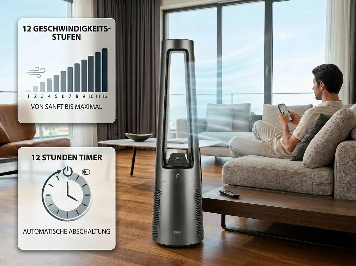 Fakir TVL 100 Flügelloser Turmventilator - DC-Motor, 12 Lüfterstufen, 30 dB(A), 60° Oszillation, 12h Timer, LED Touch Display, Fernbedienung, Anthrazit