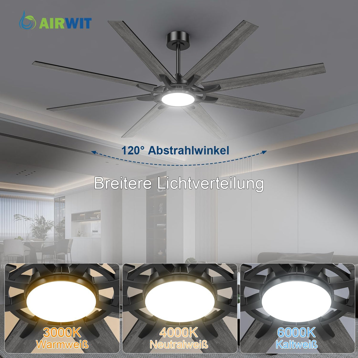 Airwit 183cm Deckenventilator mit Beleuchtung Extra Groß, Verbundholz Outdoor Leise Deckenventilator mit Licht und Fernbedienung, Lampe mit Ventilator für Terrasse, Industrial, Großes Zimmer