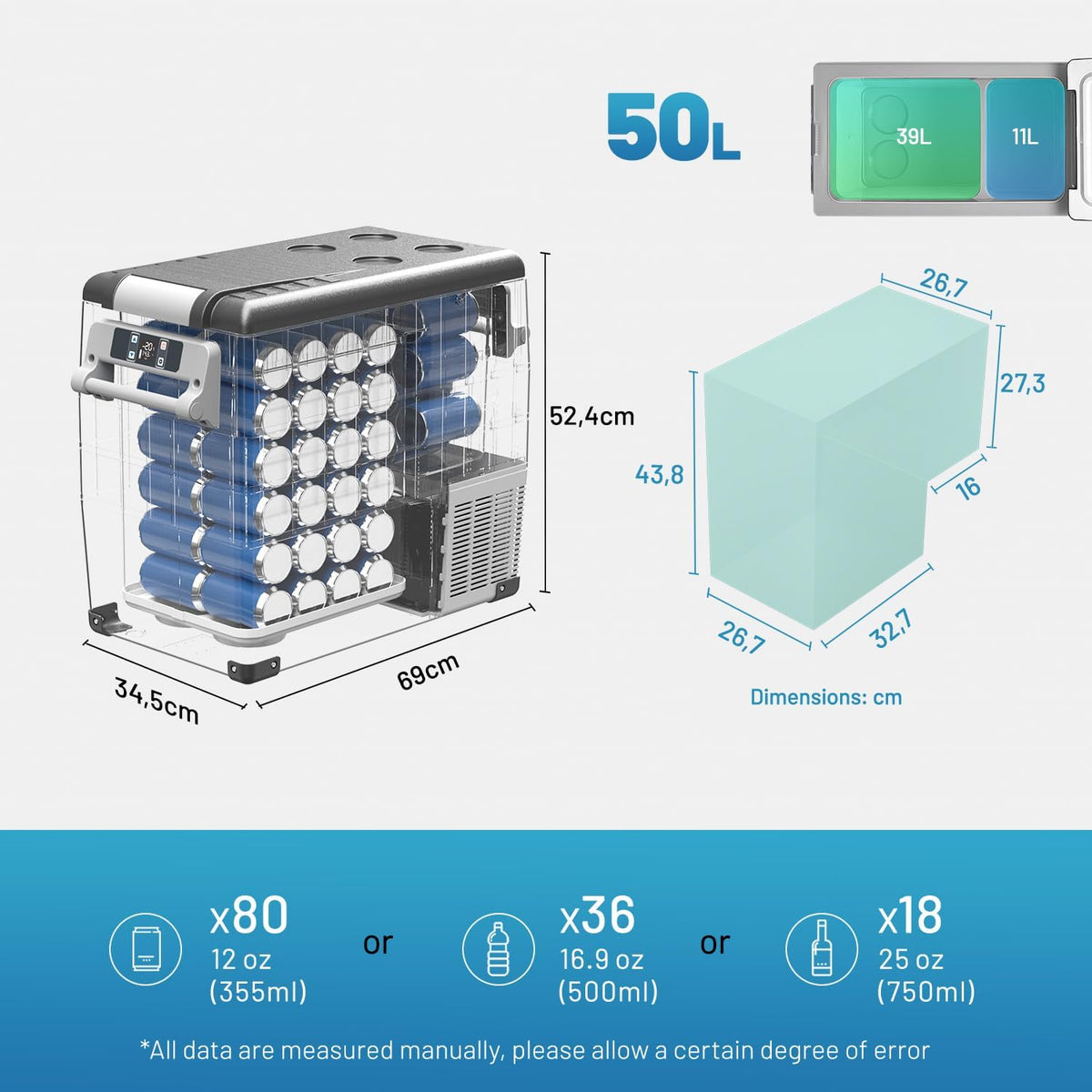 Alpicool CF55 55 Liter Kühlbox 12V tragbarer Mini-Kühlschrank elektrische Gefrierbox klein Gefrierschrank für Auto Camping, LKW, Boot und Steckdose mit USB-Anschluss, -20℃ bis 20℃