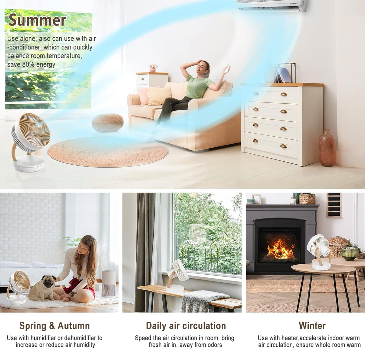 MYCARBON Ventilator sehr leise DC Motor 20dB 1850m³/h Luftmenge 8 Stufe ECO Modi Tischventilator 3D Luftumwälzer für 30m² Schlafzimmer Turbo Ventilator 8h Timmer