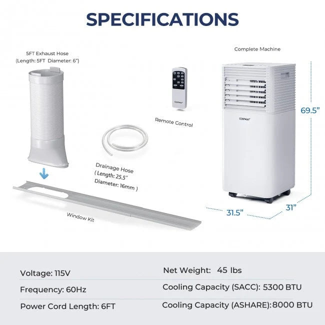 Aire Acondicionado Portátil 3 en 1 de 8000 BTU con Deshumidificador y Modo Ventilador