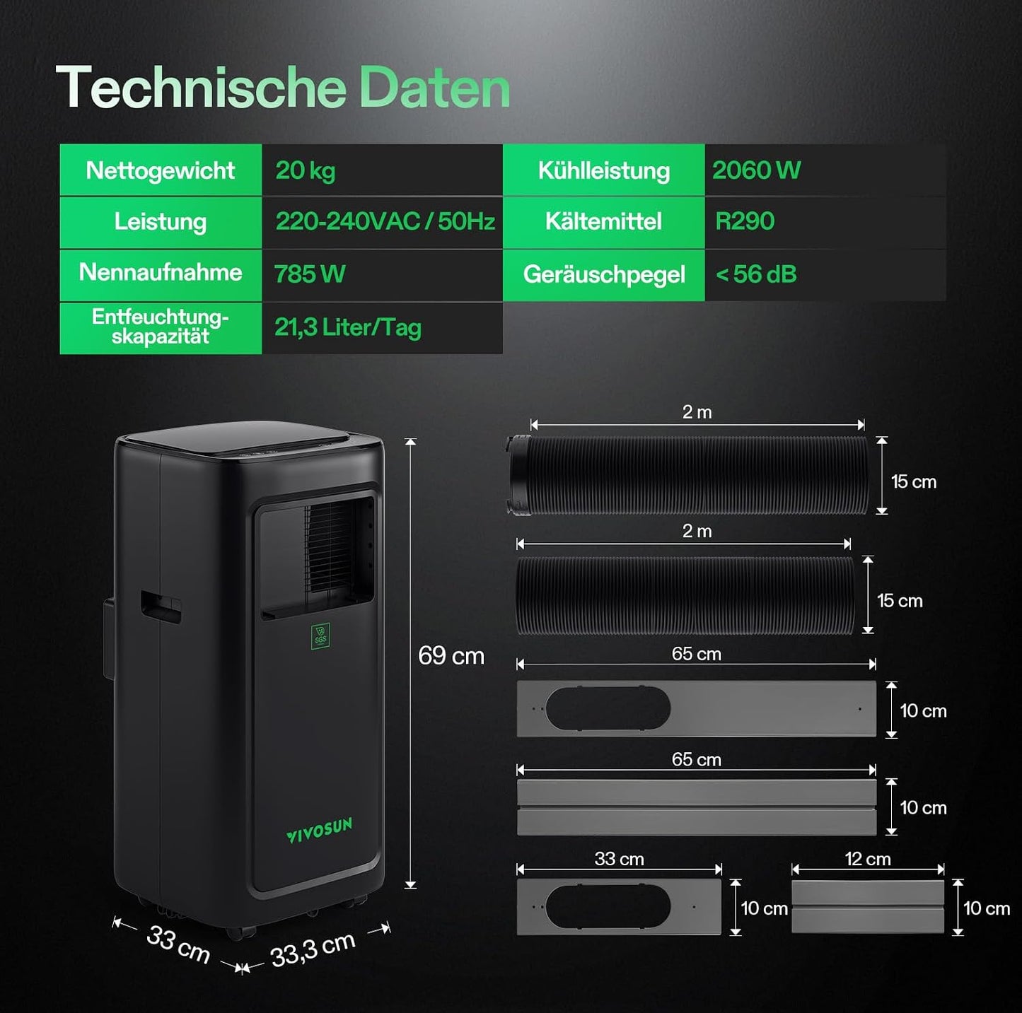 VIVOSUN Smart Klimaanlage, 7000 BTU, 4-in-1 Funktion mit Temperatur- & Feuchtigkeitssensor, Intelligente Fernbedienung, Ideal für Growzelte und Innenräume
