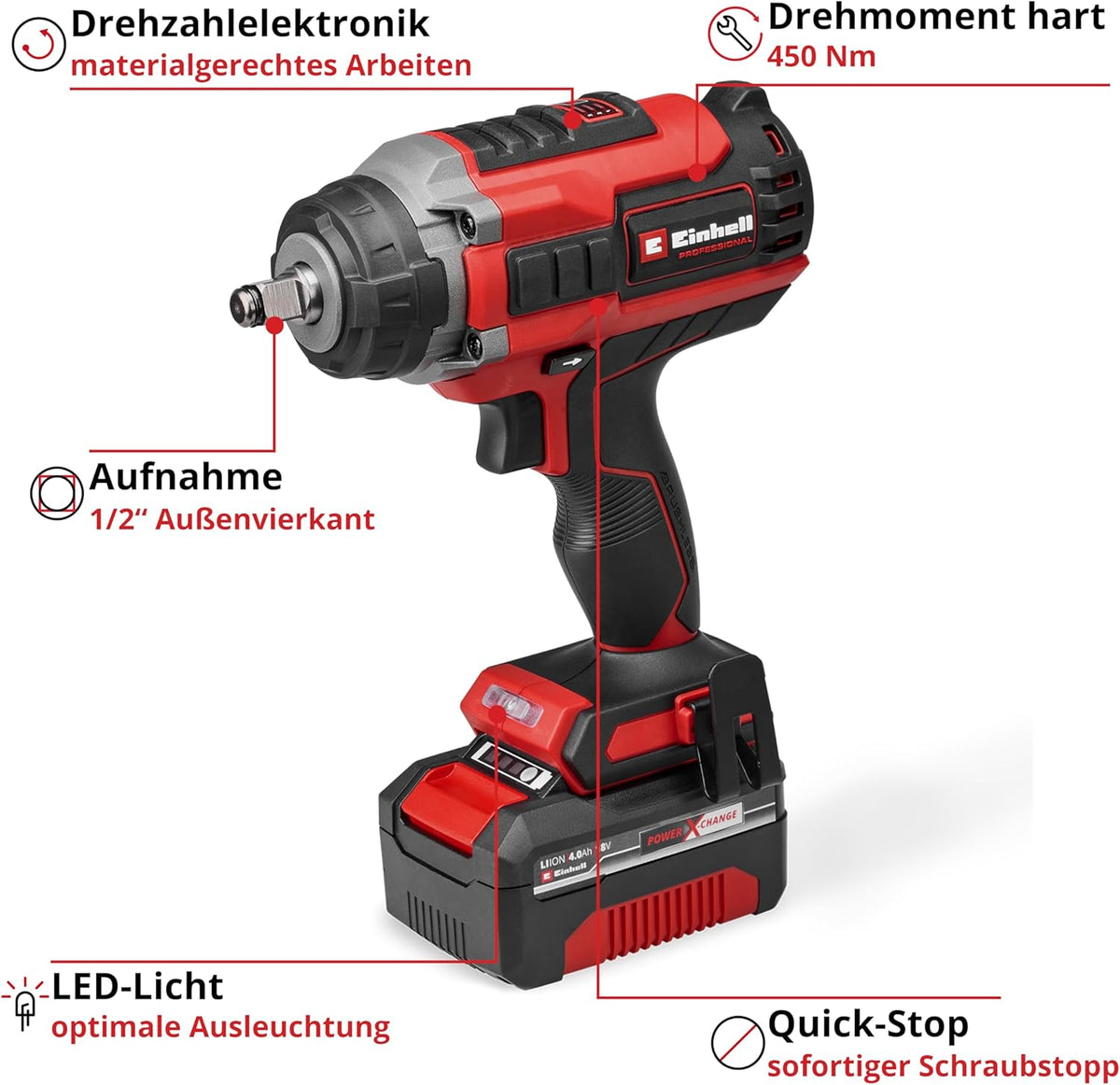 Einhell Professional Akku-Schlagschrauber IMPAXXO 18/450 (1x4,0Ah) Power X-Change (18 V, 450 Nm, Brushless, Außenvierkant-Aufnahme, inkl. 4 Ah Akku, Ladegerät, Nuss-Set)