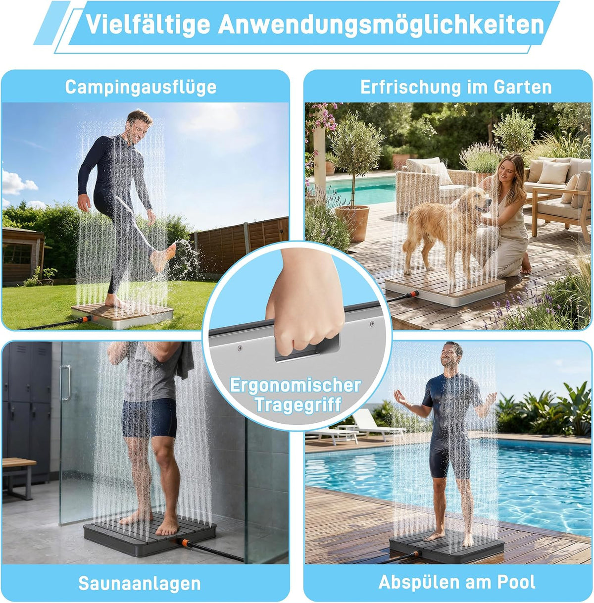 UISEBRT Gartendusche Außendusche aus WPC und Aluminium - Mobile Bodendusche Solardusche Campingdusche - Fontänenhöhe bis 4m einstellbar - für Pool Garten Terrasse (Eckig - Braun)