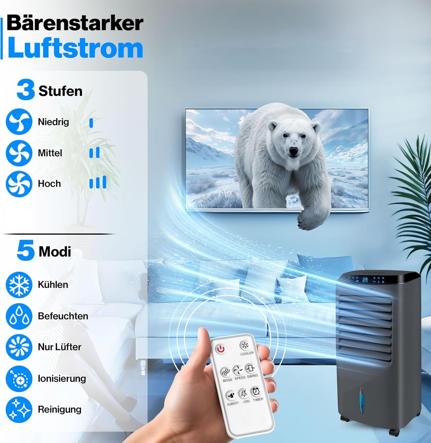 KESSER® Mobile Klimaanlage 4in1 Luftkühler – Air Cooler mit Fernbedienung & Timer, 10L Wassertank, Ionisator & Luftbefeuchter, Ventilator Klimagerät ohne Abluftschlauch, 3 Stufen inkl. Kühlakkus