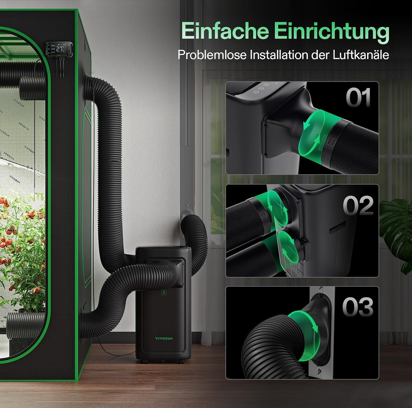 VIVOSUN Smart Klimaanlage, 7000 BTU, 4-in-1 Funktion mit Temperatur- & Feuchtigkeitssensor, Intelligente Fernbedienung, Ideal für Growzelte und Innenräume