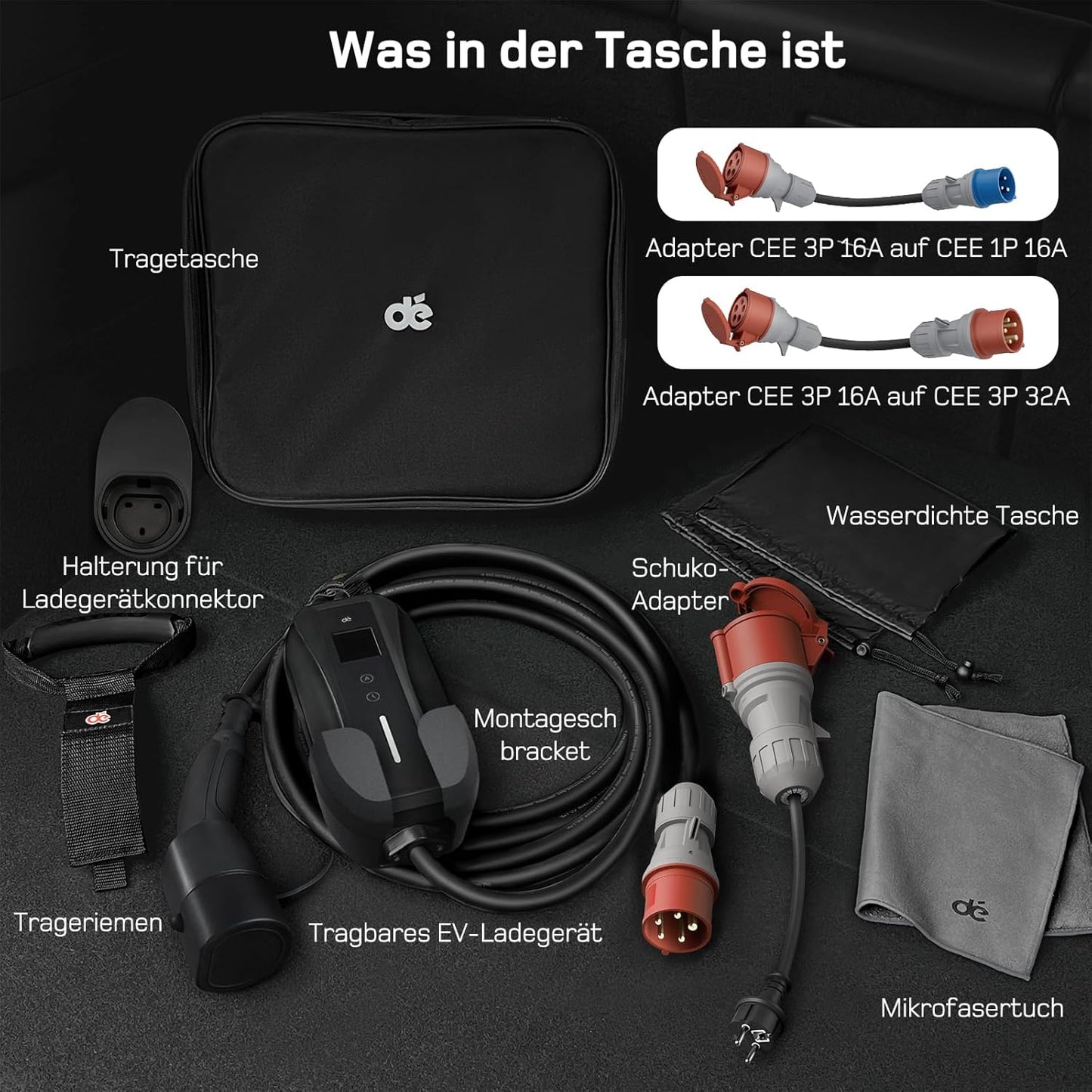 dé Mobile Wallbox/Ladestation 11kW [3-phasig|7m|6-16A] mit Traveller Adapter Set, Ladekabel CEE 16A auf Typ 2 und EV Ladegerät für Model Y/3, ID.3/4/5, MG4, EX30, e-up, e-tron, Zoe und andere EV