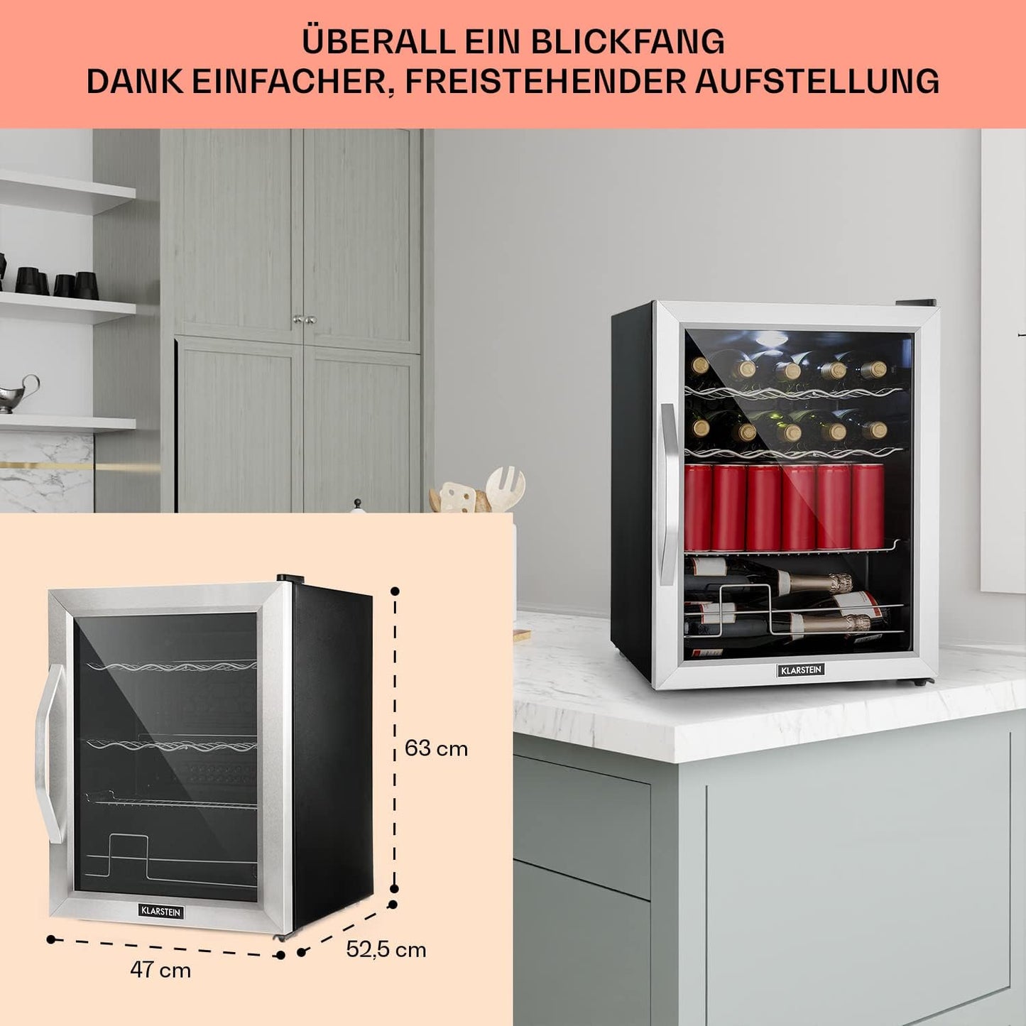 Klarstein Mini Kühlschrank mit Glastür für Zimmer, Getrnkekühlschrank mit Verstellbaren Ablagen, Kleiner 80 Liter, Indoor/Outdoor Kühlschrank Leise