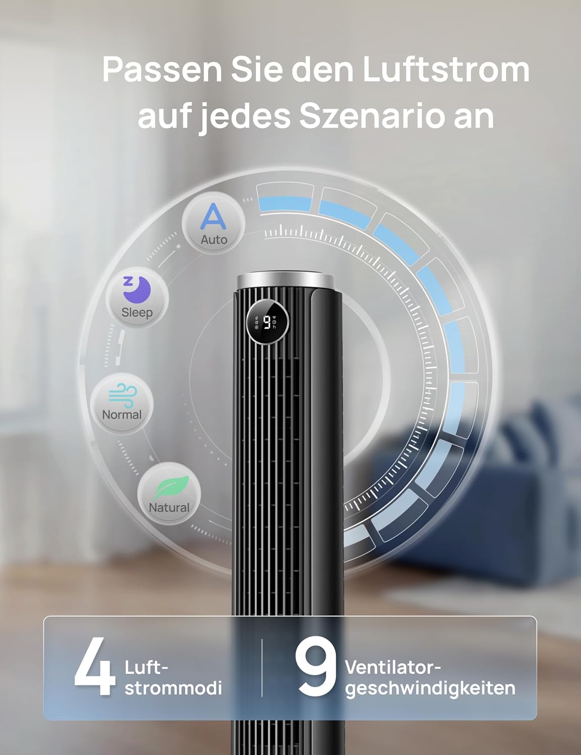 DREO Smart 102–114cm Turmventilator fürs Schlafzimmer, Höhenverstellbar, 8.4m/s, DC-Motor, 9 Stufen, 4 Modi, 90°-Oszillation, Standventilator, 20dB Leise, 12H Timer für Zuhause und Büro, Google/Alexa