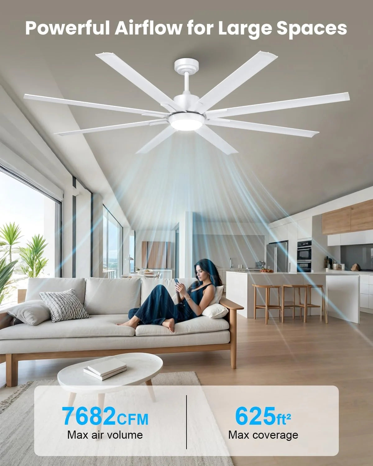 183cm Extra Grande 8 Aspas de Aluminio Ventilador de Techo con Luz y Mando, Silencioso Lampara Ventilador Techo con Reversible Motor DC para Exterior Terraza, Habitación Grande
