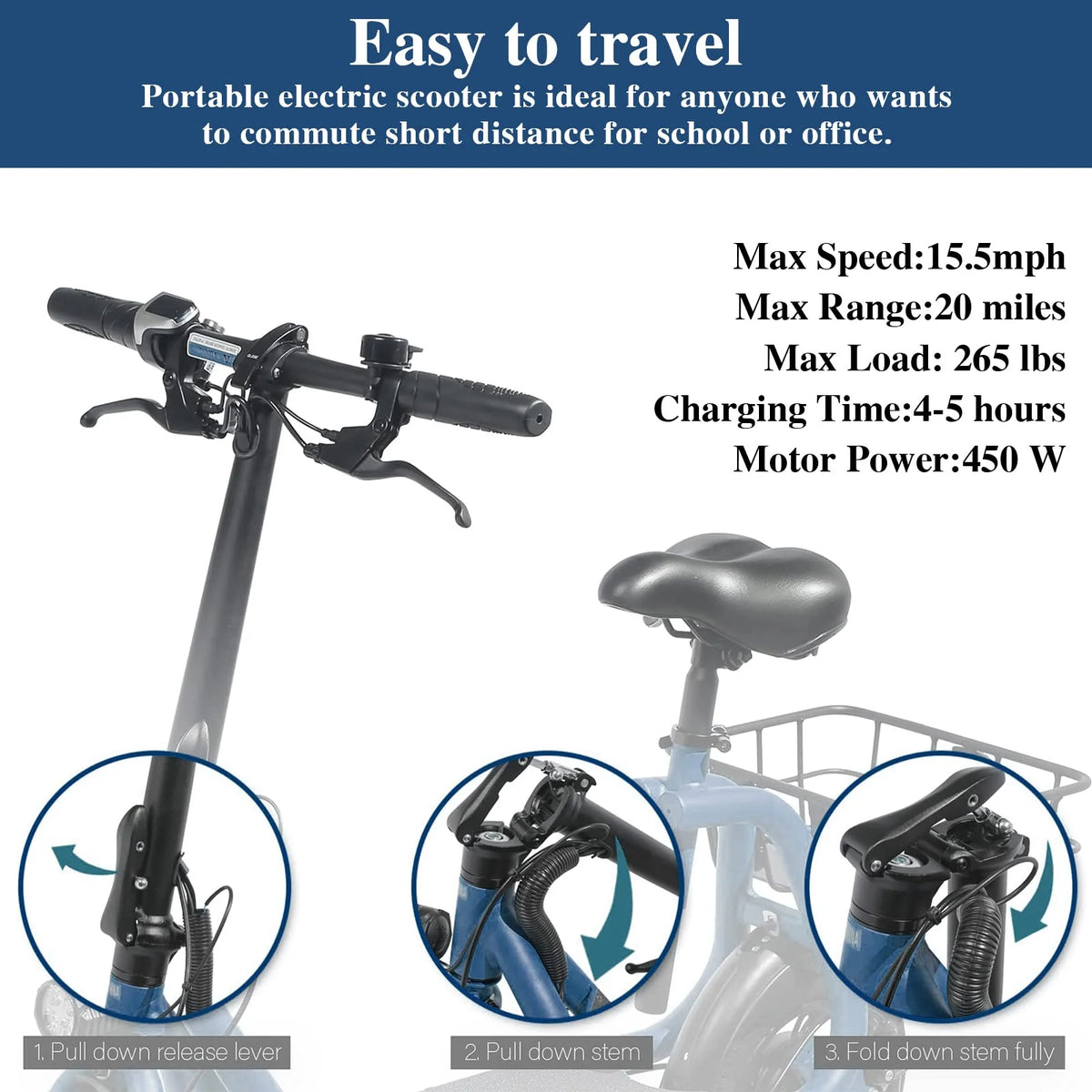 Patinete eléctrico plegable para adultos con asiento, motor sin escobillas de 450 W, neumáticos todoterreno de 12 pulgadas, autonomía de 32 km, ligero y portátil.