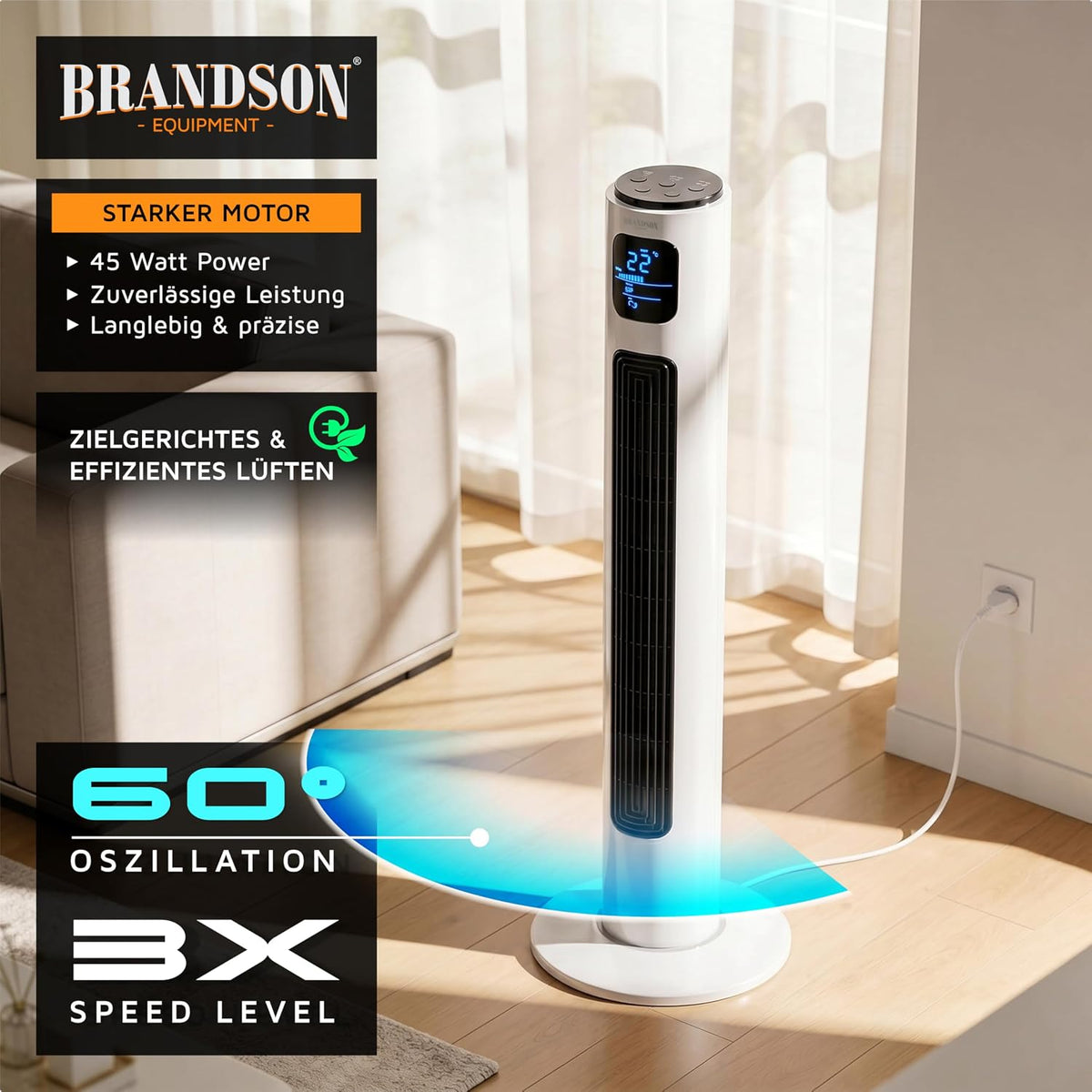 Brandson - Turmventilator mit Fernbedienung 96 cm - Preisträger 2026 - mobiler Lüfter leise - Standventilator mit Oszilation - 3 Geschwindigkeiten 3 Modi - Timer - Ventilator - GS - Perlweiß