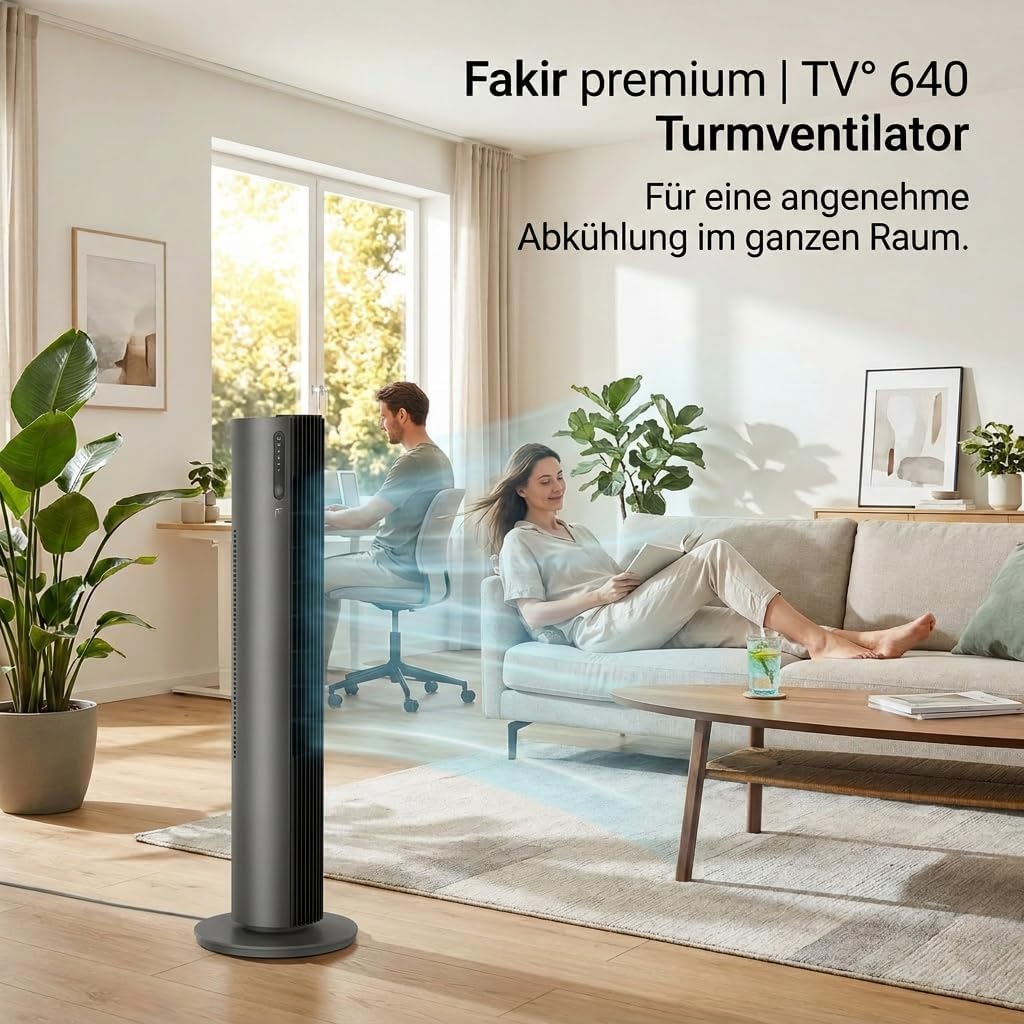 Fakir premium TV° 640 Turmventilator - Leiser Lüfter mit 32dB(A), DC-Motor, 12 Stufen, 12h Timer, LED-Display, Fernbedienung & 90° Oszillation, Luftreinigung, 450m³/h, 110cm Höhe, Farbe: Anthrazit