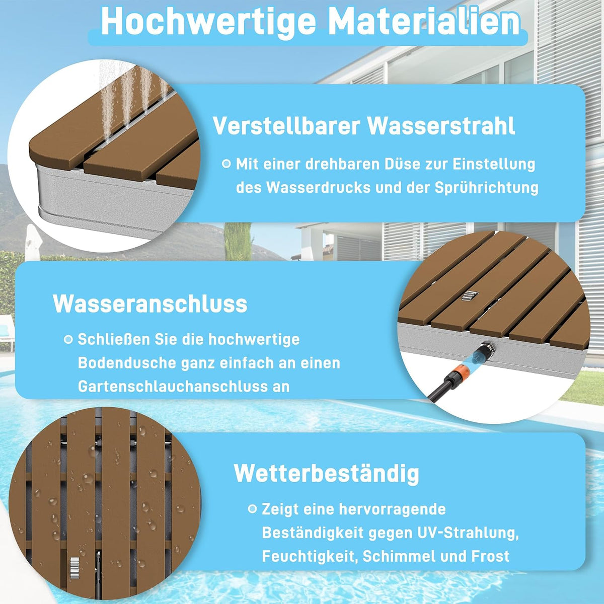 UISEBRT Gartendusche Außendusche aus WPC und Aluminium - Mobile Bodendusche Solardusche Campingdusche - Fontänenhöhe bis 4m einstellbar - für Pool Garten Terrasse (Eckig - Braun)