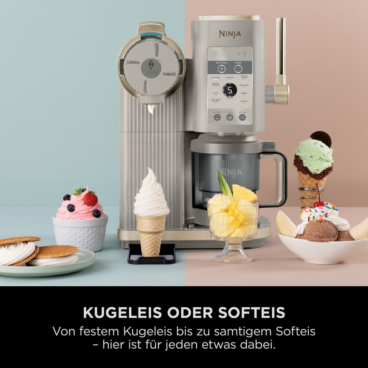 Ninja CREAMi Scoop & Swirl Eismaschine mit 2 Behältern, 13 Funktionen, für Eiscreme, Softeis, Gelato, Sorbet, Milchshakes und mehr, mit Mix-In-Funktion, Stone Gold NC701EUSTGD