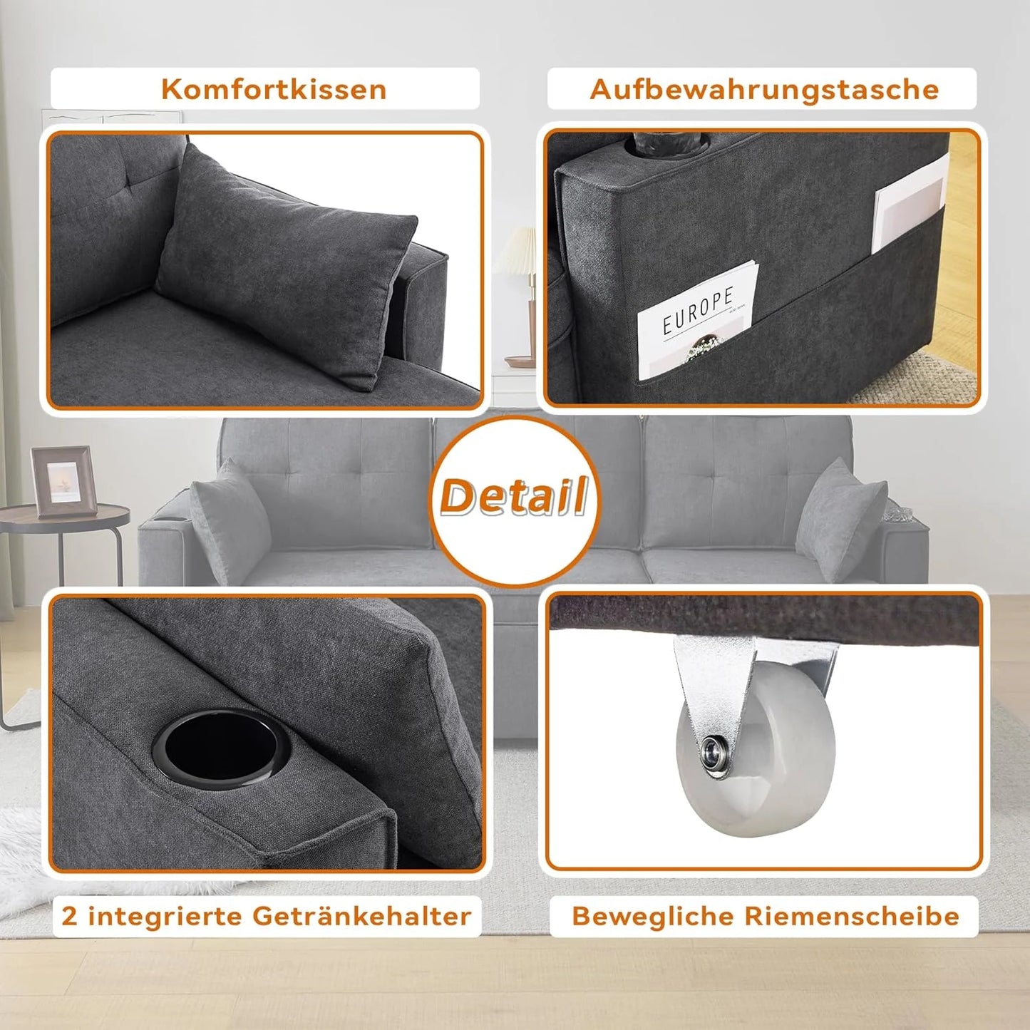 Sofá Cama 3 plazas con Portavasos y Bolsa Pasamanos Lateral, Sofá en Forma de L, Intercambiable a la Derecha y a la Izquierda, Gris
