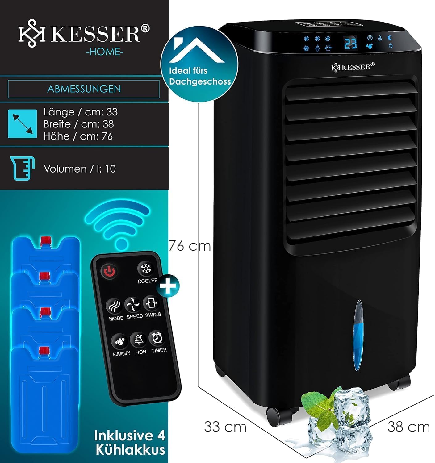 KESSER® Mobile Klimaanlage 4in1 Luftkühler – Air Cooler mit Fernbedienung & Timer, 10L Wassertank, Ionisator & Luftbefeuchter, Ventilator Klimagerät ohne Abluftschlauch, 3 Stufen inkl. Kühlakkus