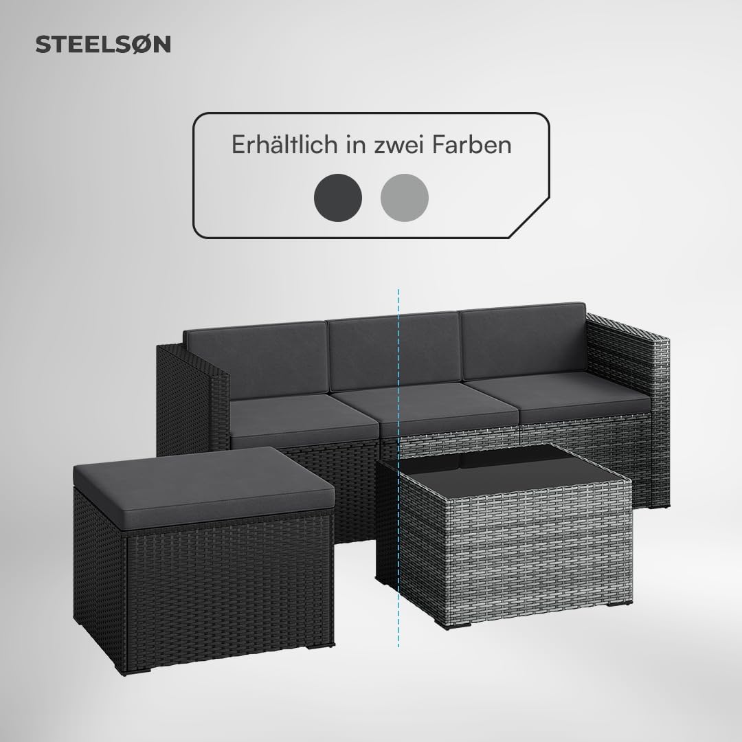 STEELSØN Zethora Rattan Gartenmöbel Set 3-TLG. – Outdoor Sitzgruppe für Garten/Terrasse/Balkon – Gartenlounge mit 3er-Sofa, Hocker & Tisch – Sitzgarnitur Set grau/anthrazit für 4 Personen