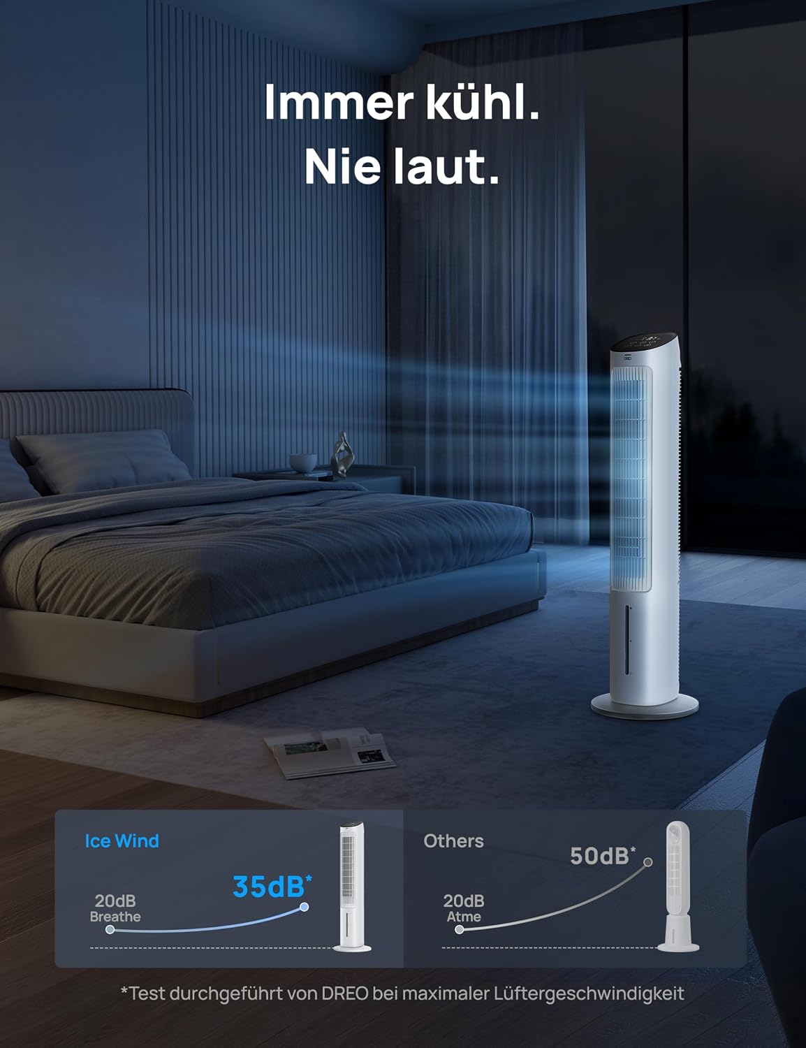 DREO Turmventilator mit Kühlung leise, Ventilator mit Wasserkühlung, 102 cm Luftkühler, Verdunstungskühler mit 80° Schwenkfunktion, 3 Modi, 4 Geschwindigkeiten, Fernbedienung, Weiß